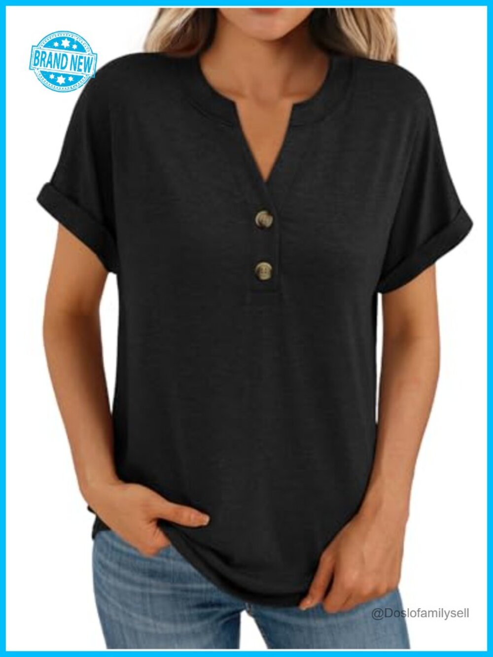 Womens Henley T-Shirt Short Sleeve Button V-Neck Loose Fit Casual Summer Top